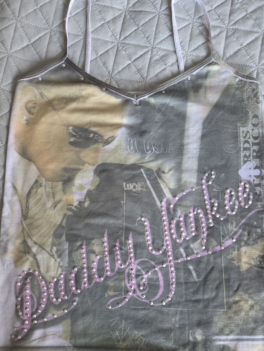 Vintage Daddy Yankees Graphic Rhinestone Cami Crop Top in Light Pink